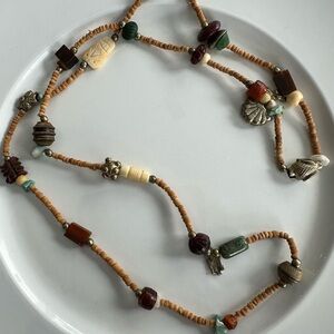 Single Strand Brown/Green/Turquoise/Tan Beads with Gold tone Accents Necklace